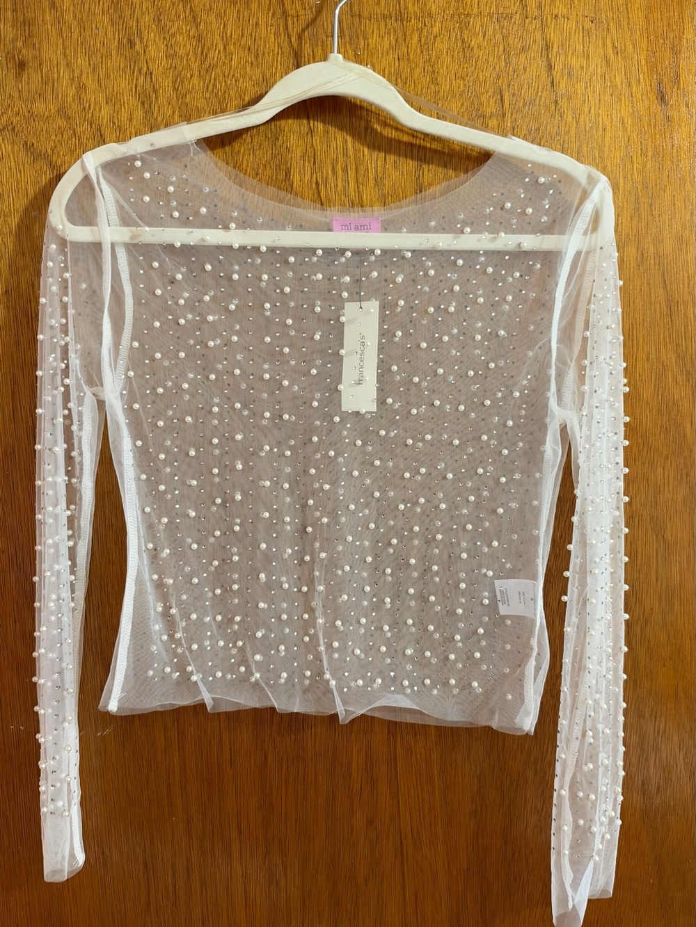 Francesca's Collections Ivory Sheer Pearl-Embellished Long Sleeve Top